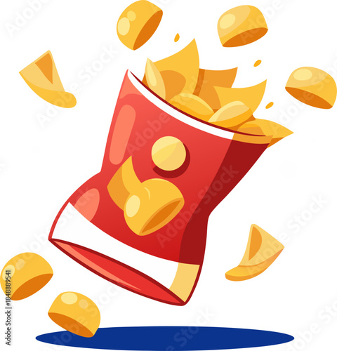 Potato chips flying out of an open chip bag