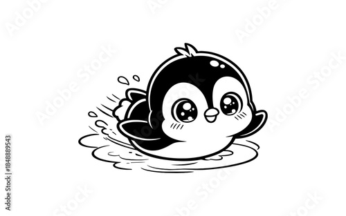 Cute penguin sliding on water in adorable cartoon style