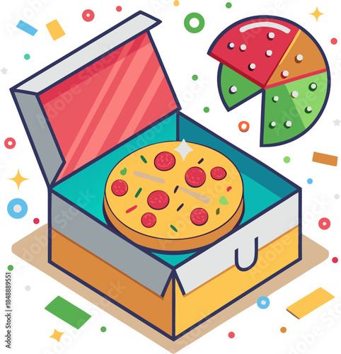 Vector of an open pizza box popping with colorful toppings and party flair.