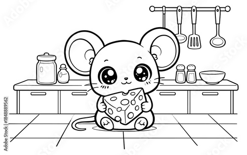 Cute kawaii mouse with cheese in kitchen outline