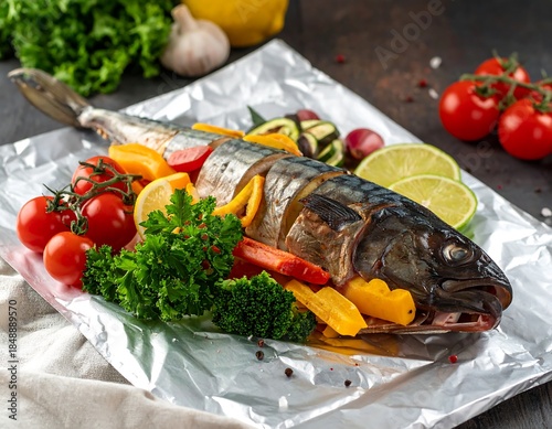 Prepared fish is resting on foil, interspersed with vegetables tomatoes, lime, lemon, parsley, carrots, peppers, zucchini