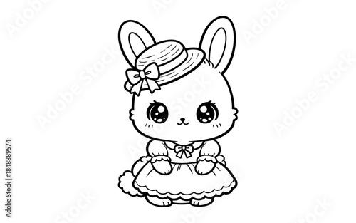 Adorable kawaii bunny with hat and dress in black and white line art