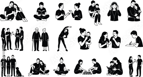 Hand drawn vector illustration set showing people daily activities, families, couples, elderly, friends, reading, talking, and playing games isolated.