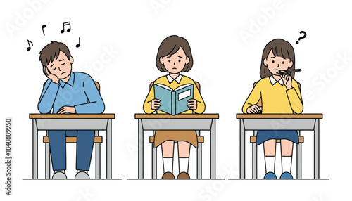 Three students sitting at desks in a classroom setting with different reactions