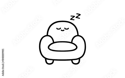 Cozy sleepy chair with relaxed character and zzz symbol in black and white cartoon style