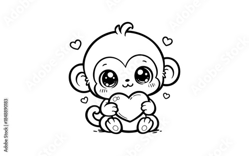 Cute monkey holding heart with adorable eyes and heart symbols in black and white