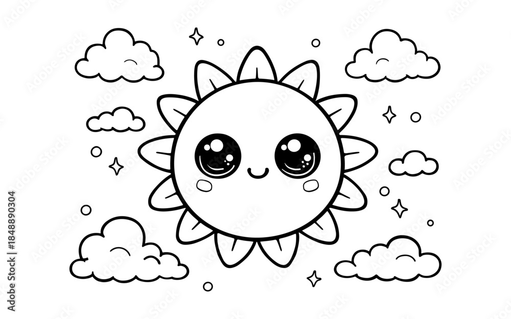 Obraz premium Cute kawaii sun with clouds and stars in black and white