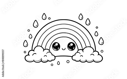 Cute kawaii rainbow with clouds and raindrops in black and white