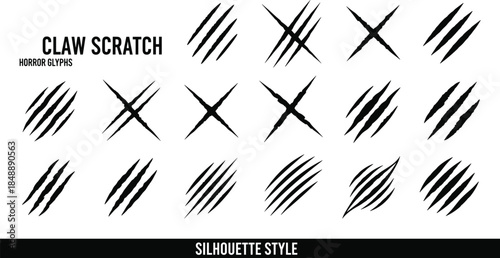 Claw scratch silhouette, horror glyphs, monster marks, scary symbols, thriller design, aggressive slashes, damage texture, fear icon, graphic element, terror