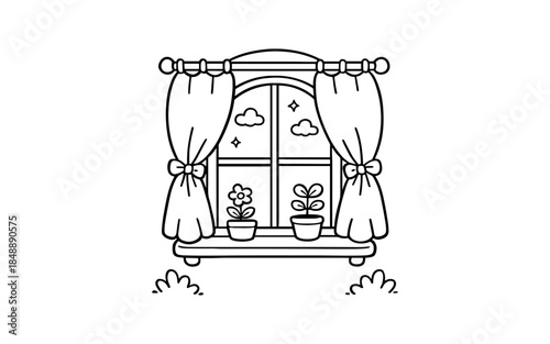 Cozy window with curtains and plants in black and white line art