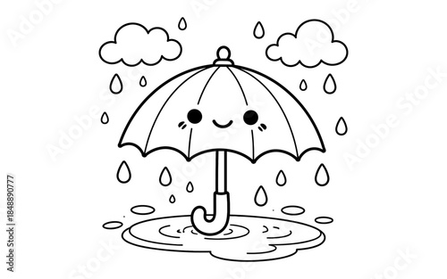 Cute smiling umbrella with raindrops and clouds in simple line art