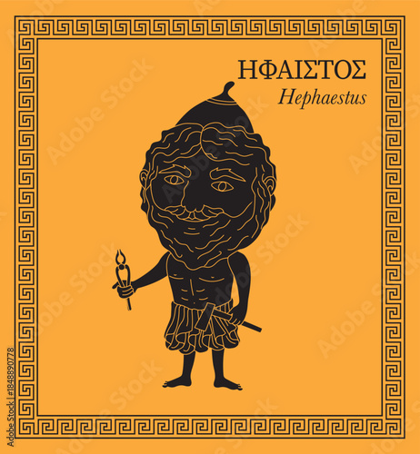 Cartoon style illustration of Hephaestus, Greek god of blacksmiths, metalworking, carpenters, craftsmen, artisans, sculptors, metallurgy, fire and volcanoes