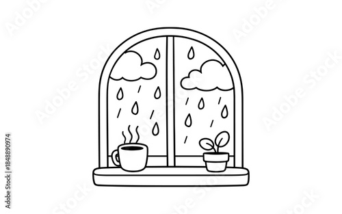Cozy rainy day through arched window with clouds and hot drink