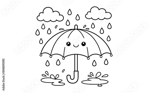 Cute line art umbrella with smiling face and raindrops