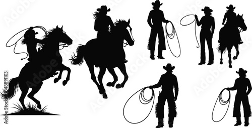 Cowboy silhouette collection, western rodeo rider with horse and lasso, ranch lifestyle, American wild west vector illustration set