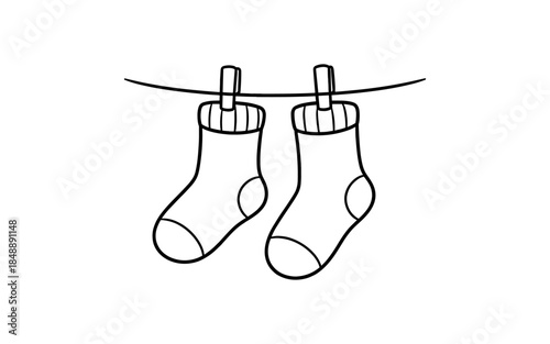 Simple linear design of two socks hanging on a clothesline