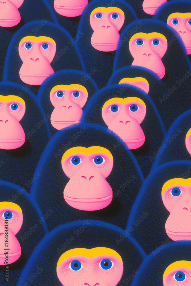 Obraz premium Minimalist monkey pattern with pink faces and blue fur in pop art style