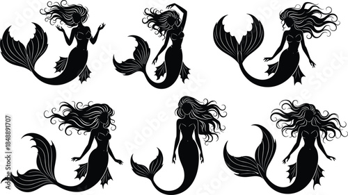 Mermaid silhouette set with flowing hair and tails, fantasy sea siren women vector illustration collection isolated on white background, black elegant decorative