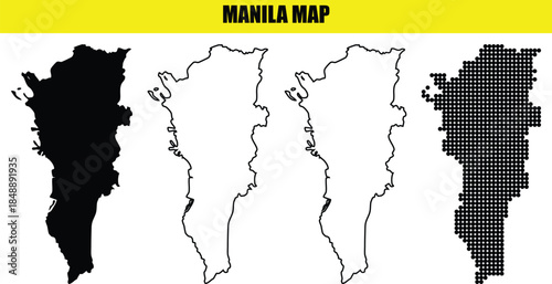 Manila map vector drawing, solid color, outline, and dot map, manila map in flat style, manila map collection for asia