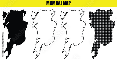 Mumbai map vector drawing, solid color, outline, and dot map, mumbai map in flat style, mumbai map collection for india