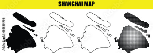 Shanghai map vector drawing, solid color, outline, and dot map, shanghai map in flat style, shanghai map collection