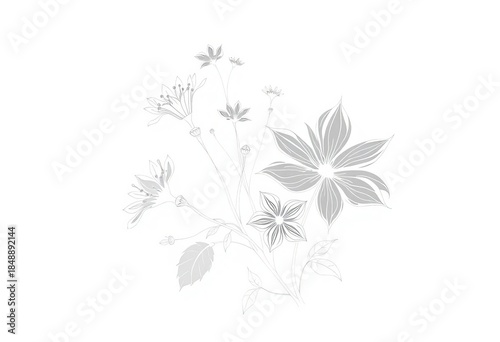 Delicate line art floral design; intricate petals, stems, leaves, minimalist style, black and white,  elegant,  design
