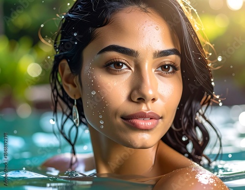 Radiant woman in pool, sun-kissed skin, water droplets, earring detail. Soft lighting, blurred background foliage