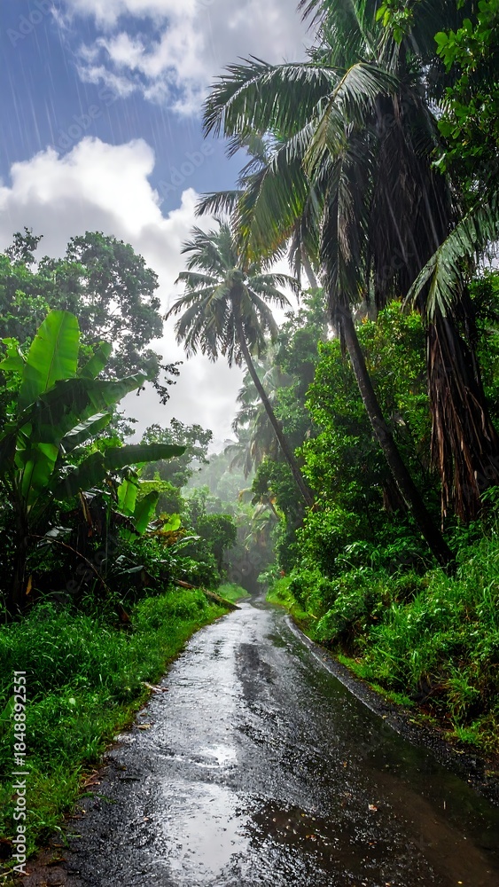 Fototapeta premium Rain-slicked road through verdant tropical landscape; lush foliage, tall palm trees, and cloudy sky