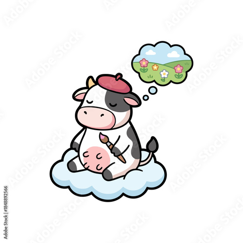 A whimsical cow artist in a beret sits on a cloud, dreaming of painting a vibrant landscape with rolling hills and flowers, holding a paintbrush
