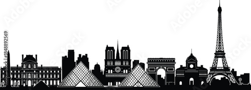 Paris skyline black silhouette vector illustration, famous French city landmarks, Eiffel Tower, Notre Dame, Louvre Museum, and Arc de Triomphe, international travel panorama design.