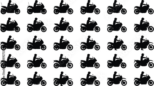 Motorcycle rider silhouette icon set, black motorbike vector collection for transport, racing, delivery, adventure, urban graphic design elements symbtions