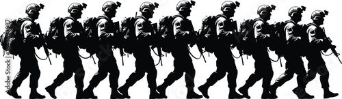 soldiers, military, army, silhouette, rifle, combat, patrol, war, defense, helmet, teamwork, formation, discipline, battlefield, tactical