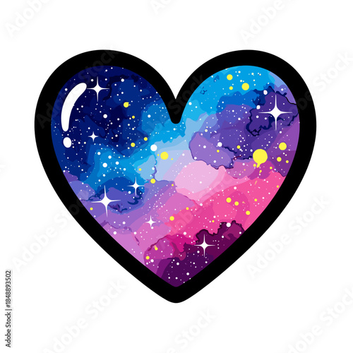 Heart shape filled with galaxy watercolor splashes and stars  