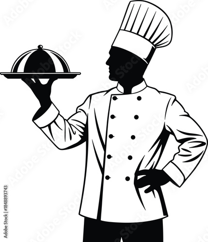 Professional Chef Silhouette Vector Illustration, Dressed in Uniform and Toque, Holding a Covered Serving Platter, Ideal for Restaurant Logos and Culinary Graphics