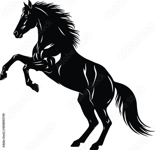 Rearing horse silhouette vector illustration, powerful black stallion in dynamic pose, elegant wildlife animal design for logos, posters, tattoos, and branding