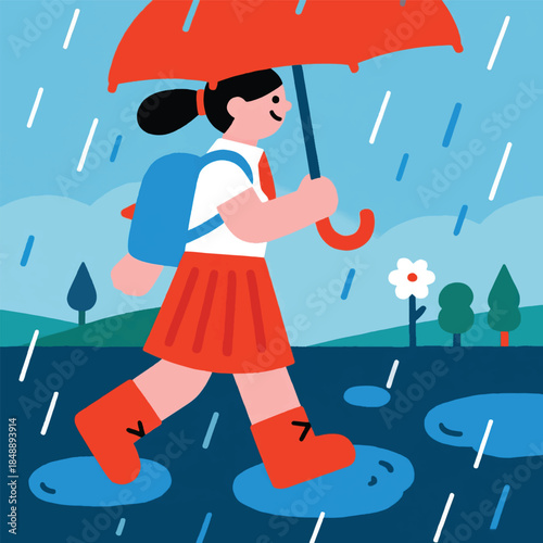 Illustration Of A Rainy Atmosphere When Going To School, Umbrella And Puddles Vector Design Template