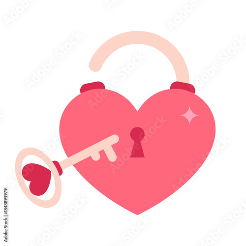 Pink heart-shaped lock and a key with a heart at the end. A symbol of love and loyalty. Valentine's Day. Flat style vector on a white background.