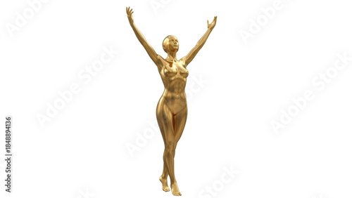 Isolated golden figure of woman with arms raised, full-body shot for beauty, celebration, victory themes