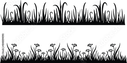 Black silhouette borders of grass and plants on white background set.