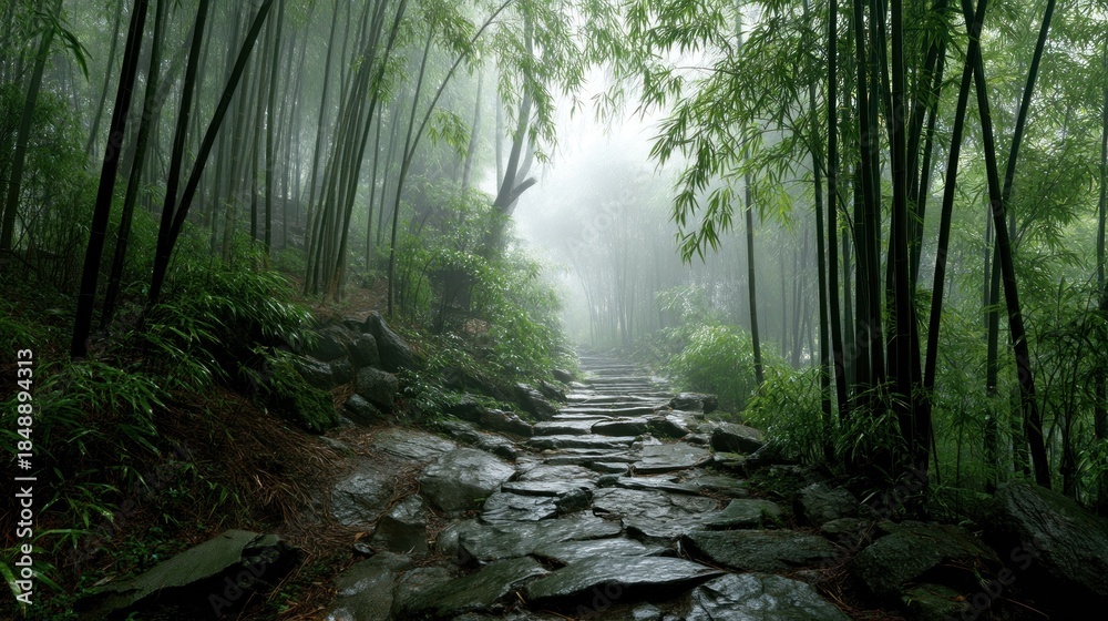 Obraz premium Misty bamboo forest path