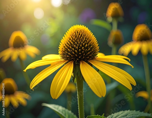 Radiant yellow coneflowers bloom under a soft, sun-kissed light, showcasing nature's beauty in a garden setting