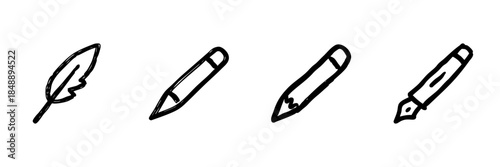 Feather, Pencil, And Fountain Pen Line Icon Set In Doodle Style. Writing Tools And Creativity Symbols Outline Sketch Collection. Hand Drawn Isolated Vector Illustration