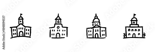 Government Building Line Icon Set In Doodle Style. Civic Architecture And Public Institution Outline Sketch Collection. Hand Drawn Isolated Vector Illustration