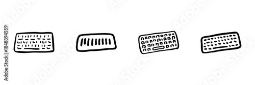 Computer Keyboard Line Icon Set In Doodle Style. Typing, Digital Communication, And Technology Tools Outline Sketch Collection. Hand Drawn Isolated Vector Illustration