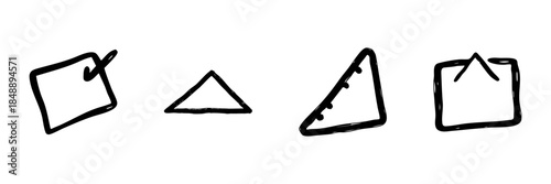 Geometric Shapes And Tools Line Icon Set In Doodle Style. Mathematical Instruments And Design Elements Outline Sketch Collection. Hand Drawn Isolated Vector Illustration