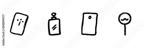 Smartphone, Perfume Bottle, Door, And Magnifying Glass With Mustache Line Icon Set In Doodle Style. Hand Drawn Isolated Vector Illustration