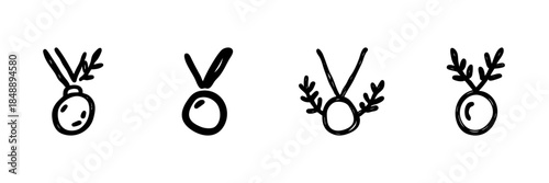 Medal Line Icon Set In Doodle Style. Achievement, Victory, And Award Recognition Outline Sketch Collection. Hand Drawn Isolated Vector Illustration