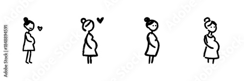 Pregnant Woman Line Icon Set In Doodle Style. Maternity, Expecting Mother, And Prenatal Care Outline Sketch Collection. Hand Drawn Isolated Vector Illustration