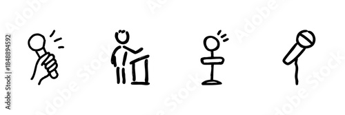 Microphone And Speaker Line Icon Set In Doodle Style. Public Speaking, Presentation, And Communication Outline Sketch Collection. Hand Drawn Isolated Vector Illustration