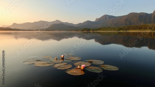 The sunset sets, the river is calm, and the soft golden light shines on the surface of the water. In the distance, a cluster of floating lotus leaves floats in the quiet water of the mountains